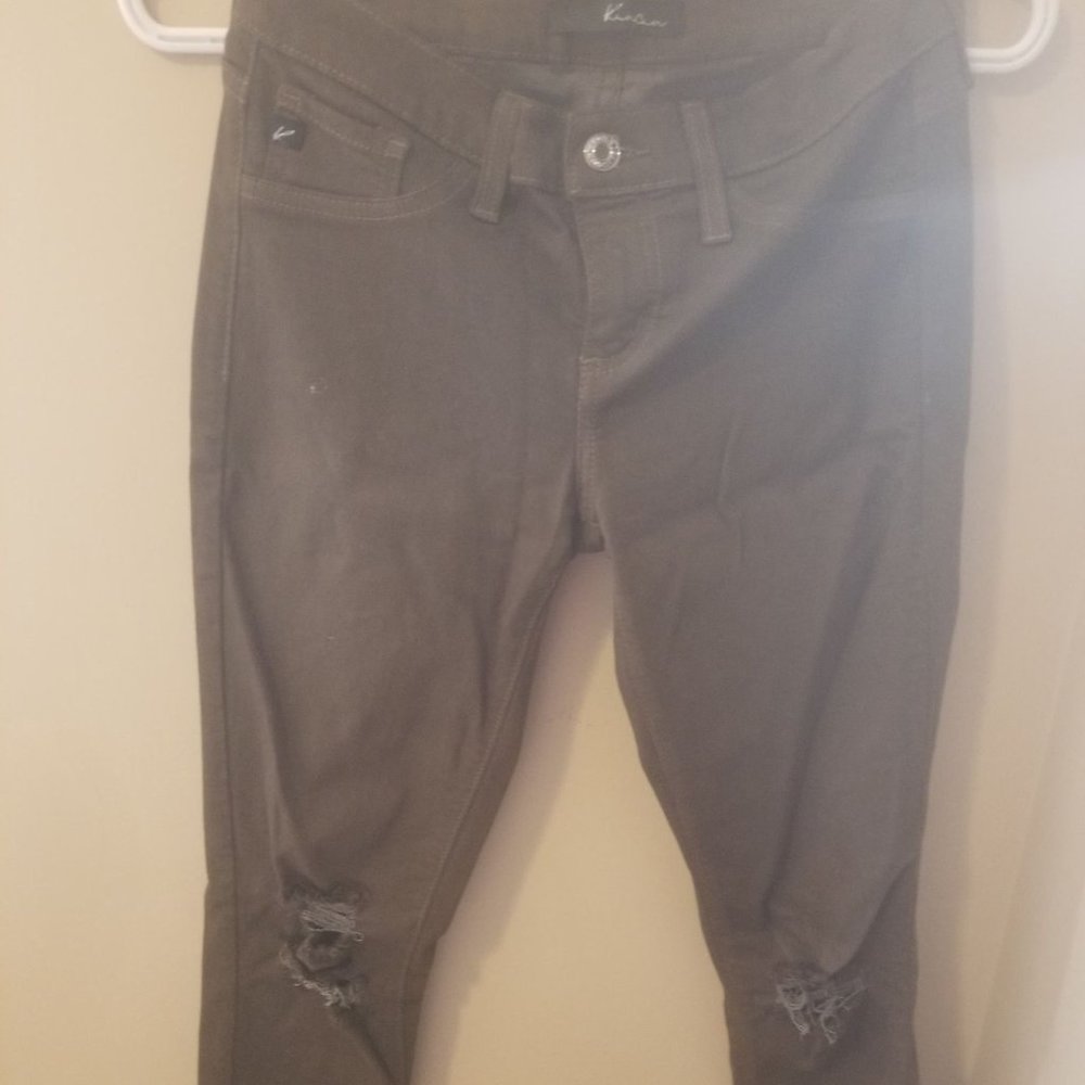 Army Green Stretch jeans with distressed knees